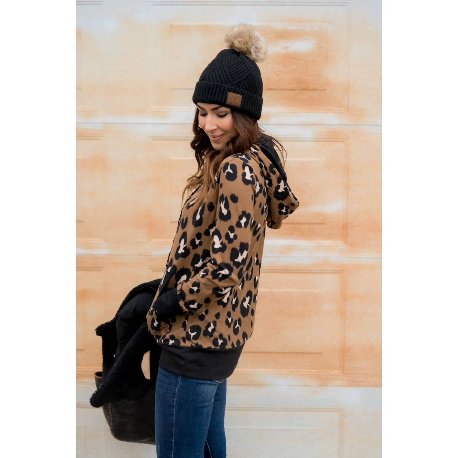 Solid Trim Leopard Print Hoodie