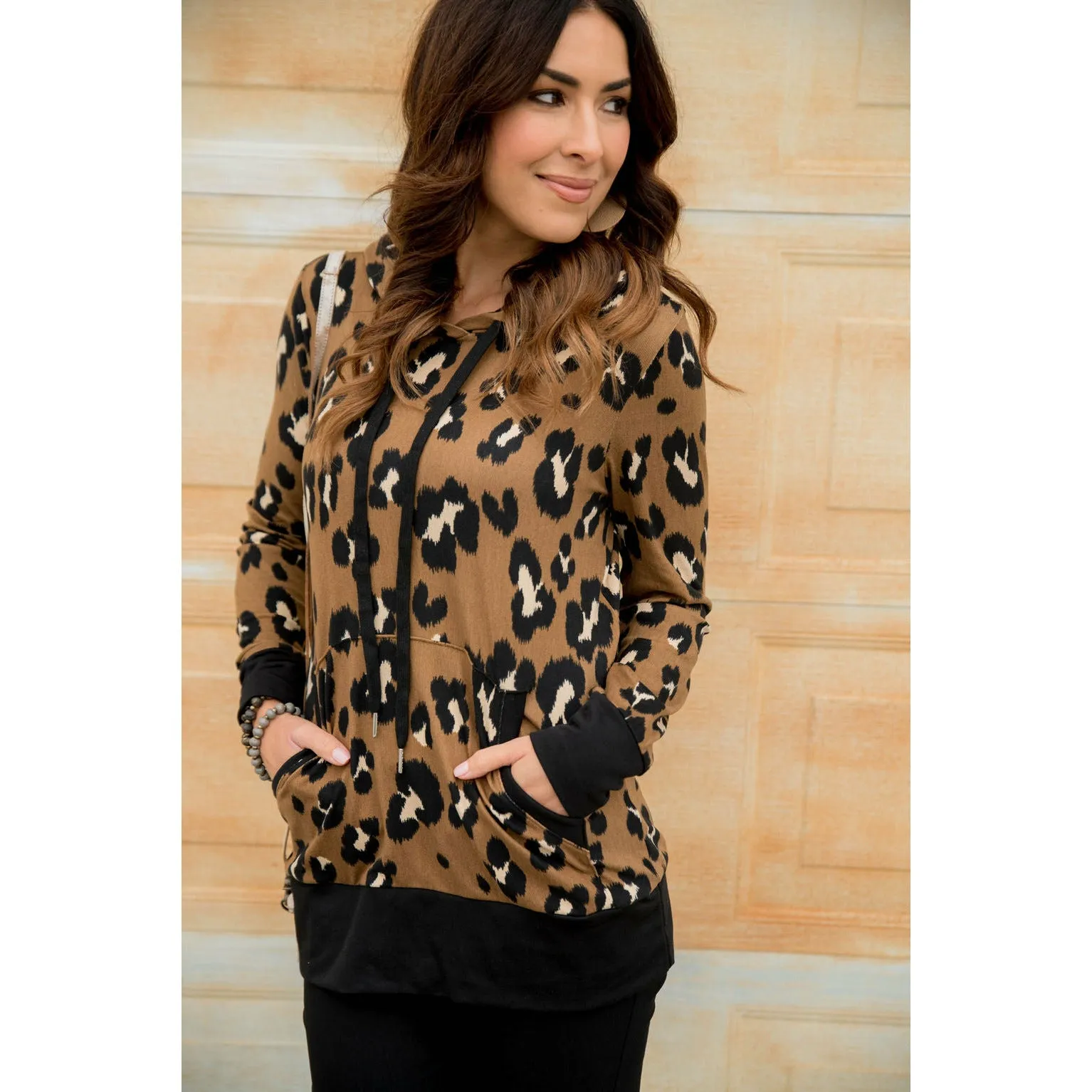 Solid Trim Leopard Print Hoodie