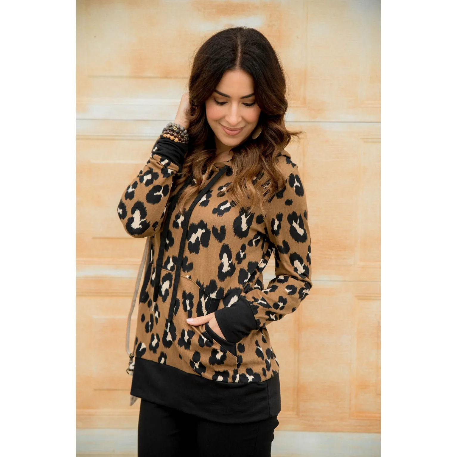 Solid Trim Leopard Print Hoodie