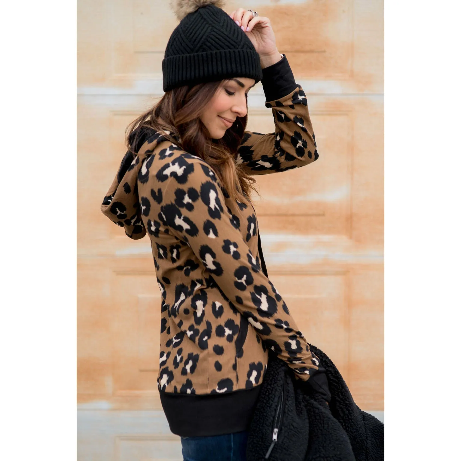 Solid Trim Leopard Print Hoodie