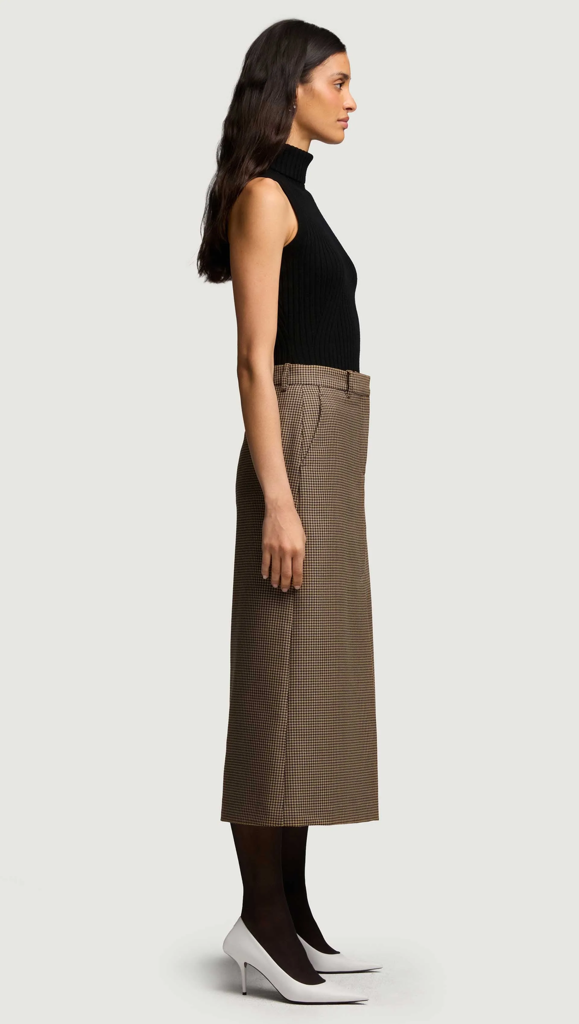 Tailored Skirt in Wool | Brown Houndstooth