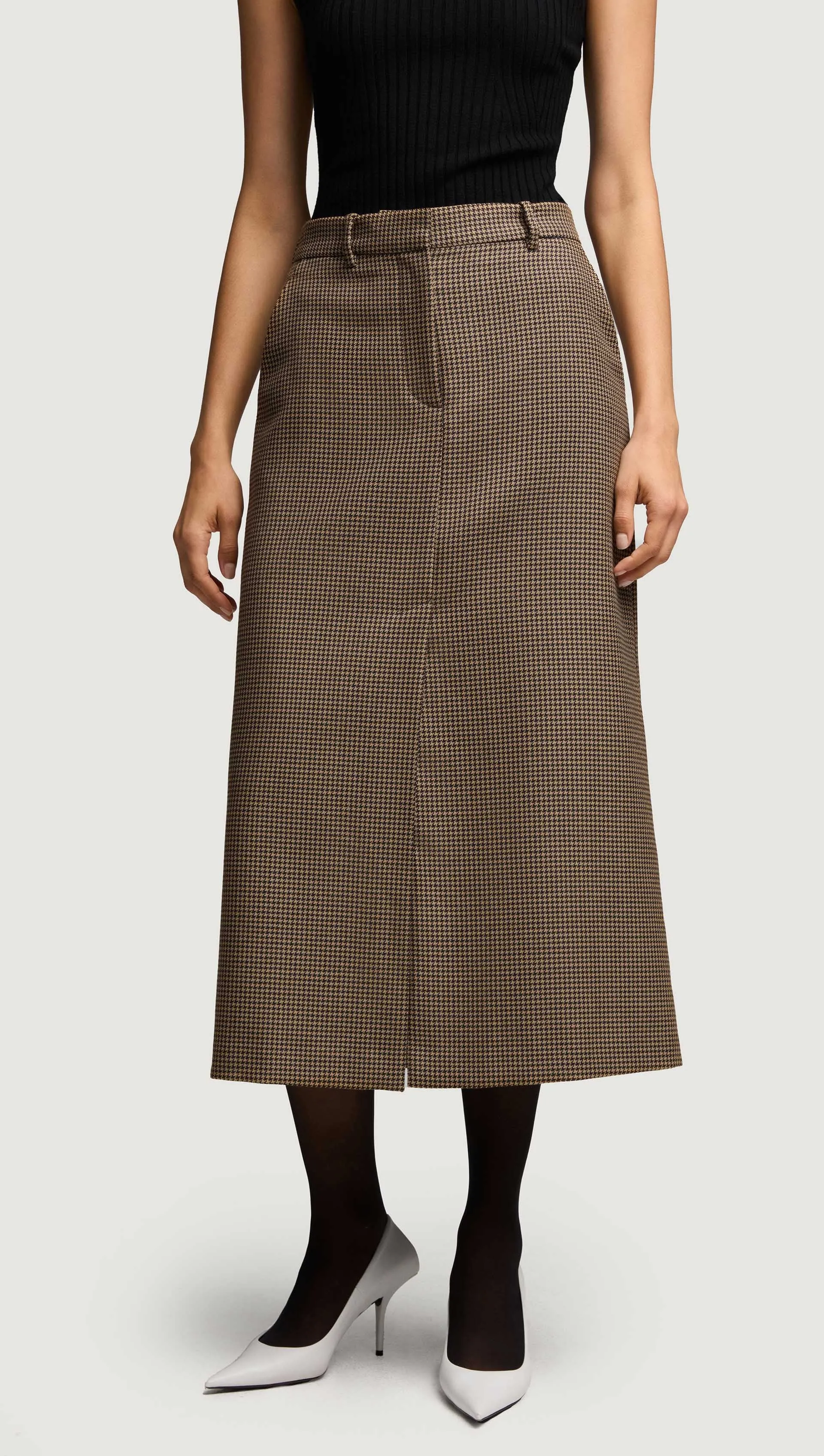 Tailored Skirt in Wool | Brown Houndstooth