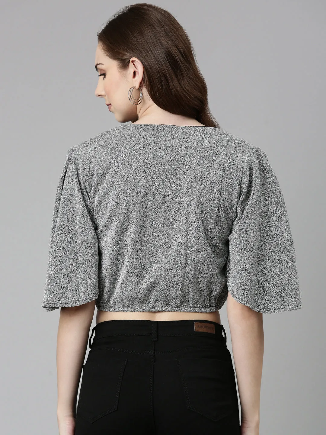 V-Neck Embellished Flared Sleeves Silver Crop Top