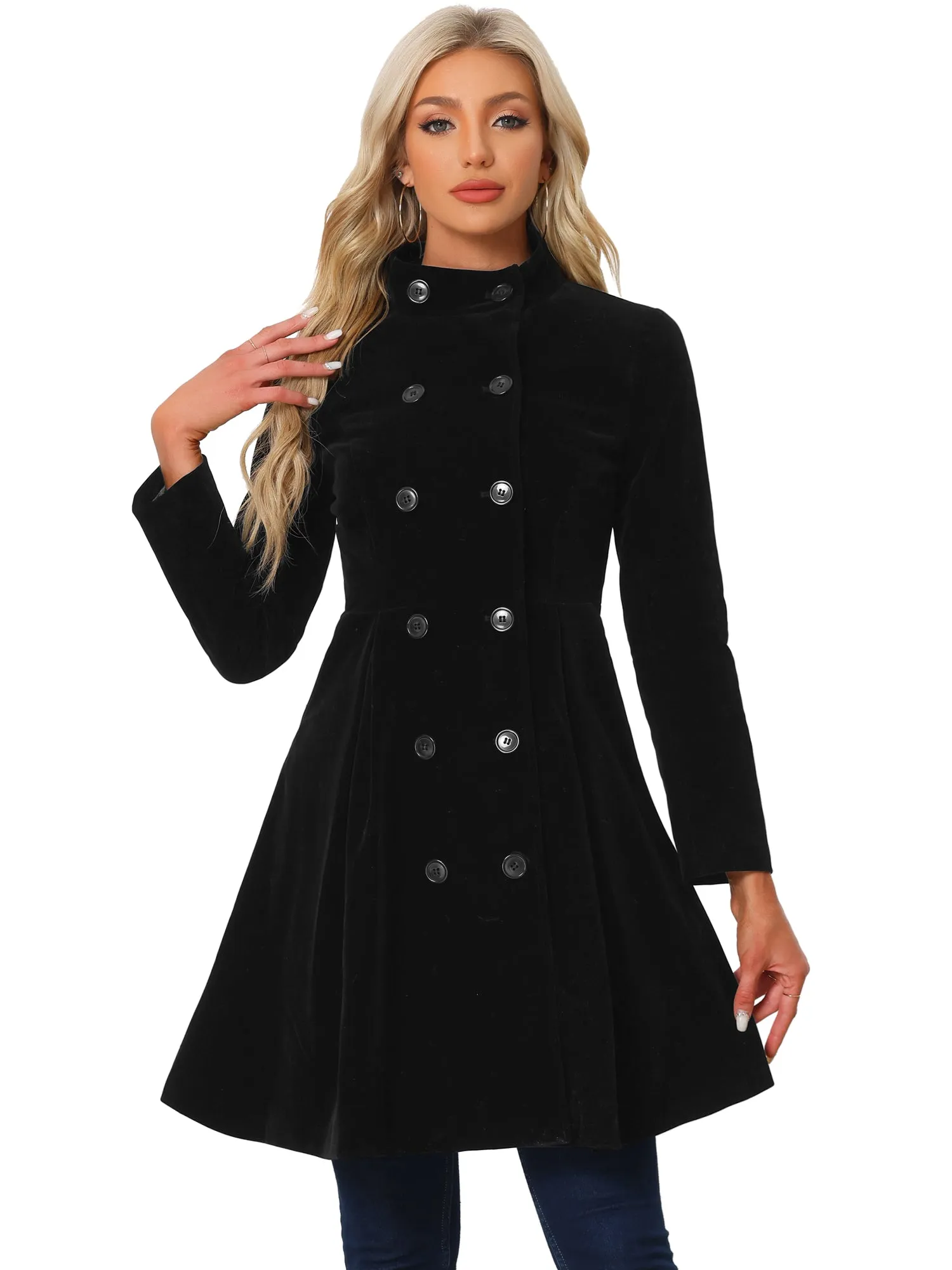 Velvet A-Line Stand Collar Double Breasted Winter Trench Coat