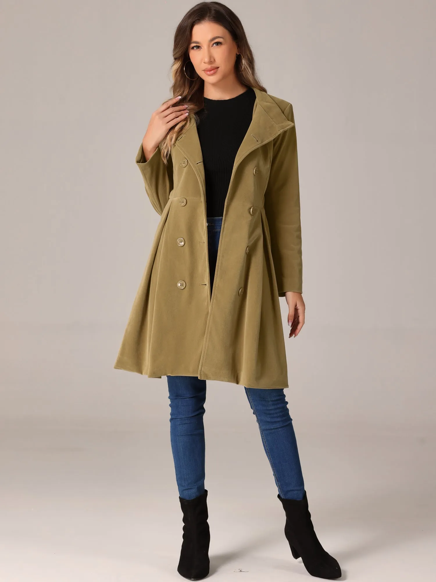 Velvet A-Line Stand Collar Double Breasted Winter Trench Coat