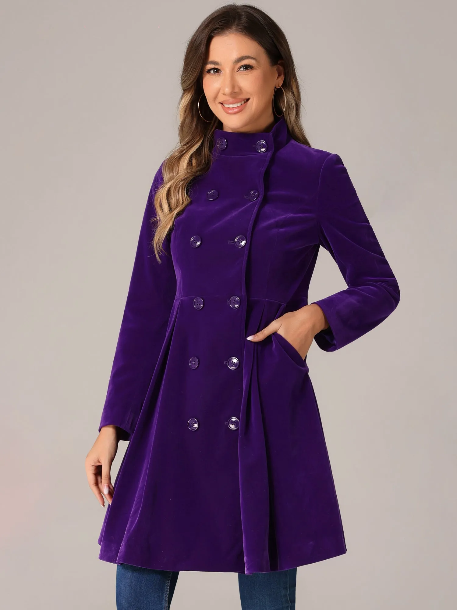 Velvet A-Line Stand Collar Double Breasted Winter Trench Coat