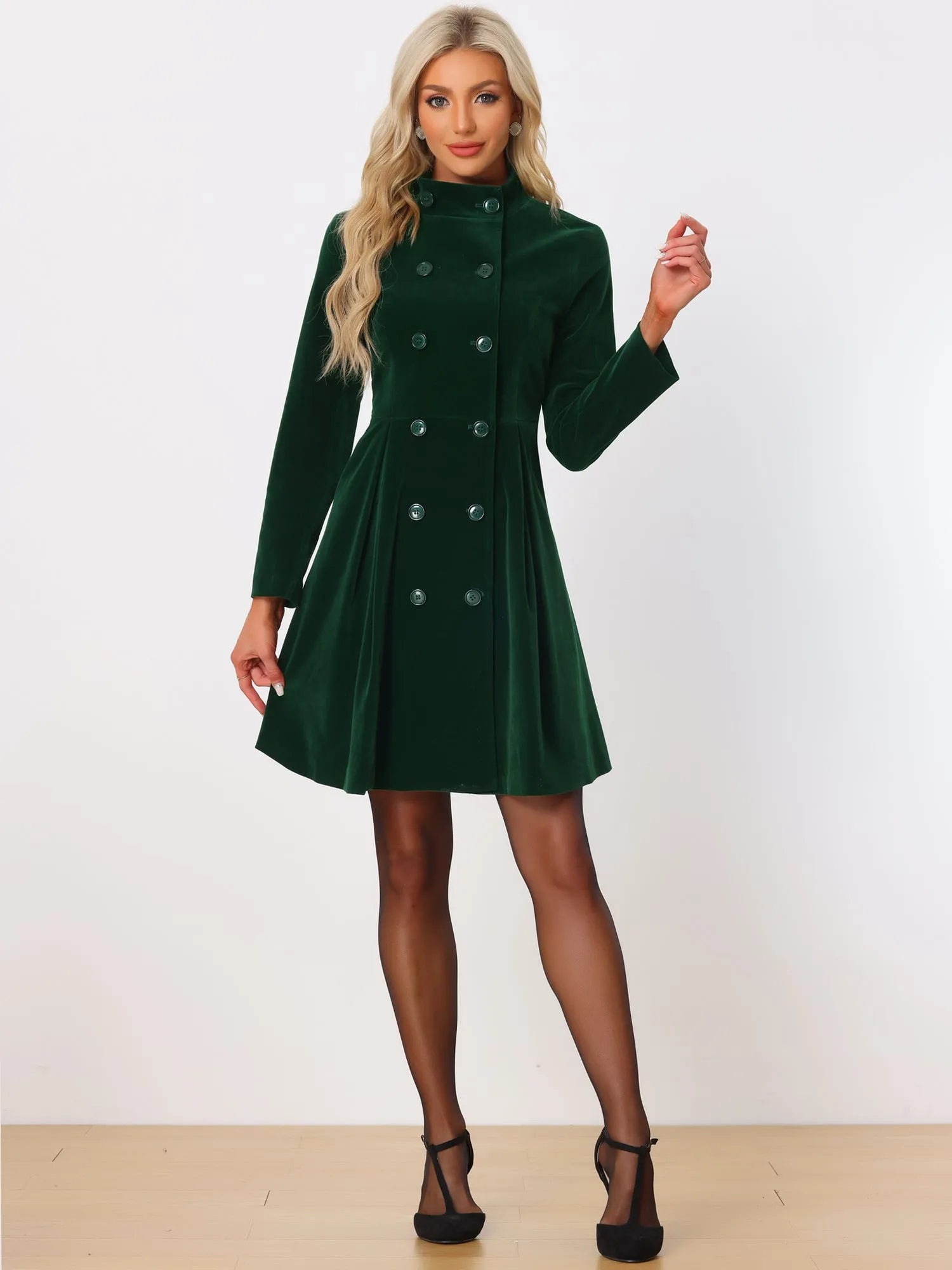 Velvet A-Line Stand Collar Double Breasted Winter Trench Coat