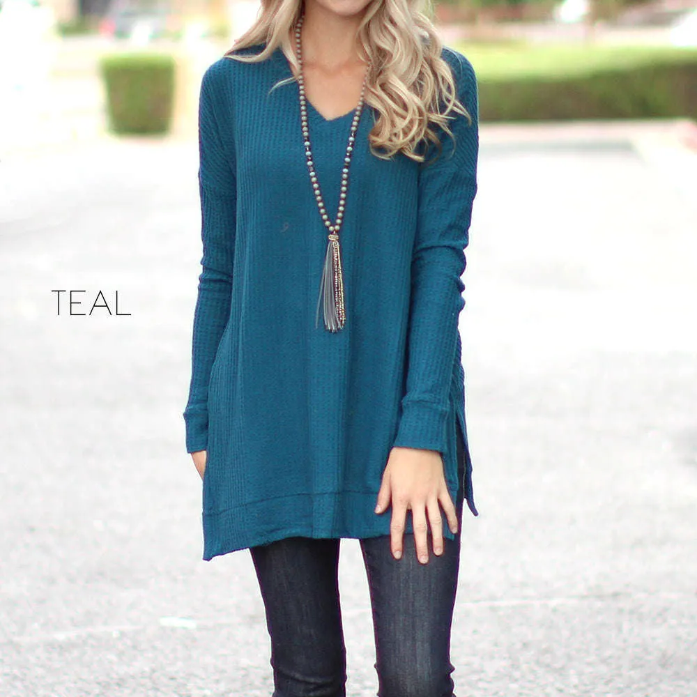 Waffle V-Neck Side Slit Tunic | S-XL