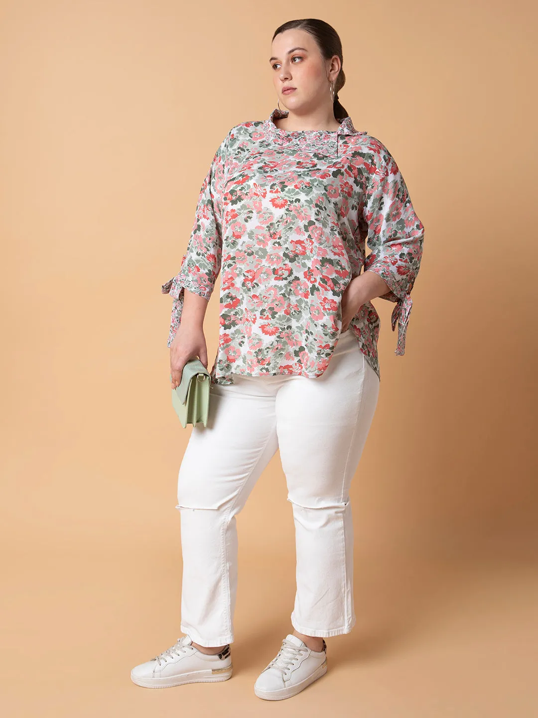 Women Floral Sea Green Top