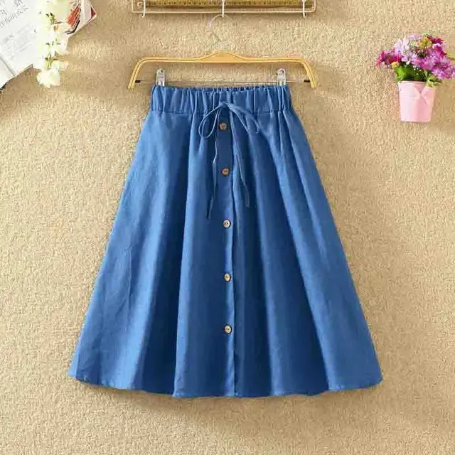 Women Skirt Single-Breasted High-Waist Mid-Length A-Line Denim Skirt