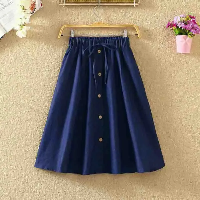 Women Skirt Single-Breasted High-Waist Mid-Length A-Line Denim Skirt