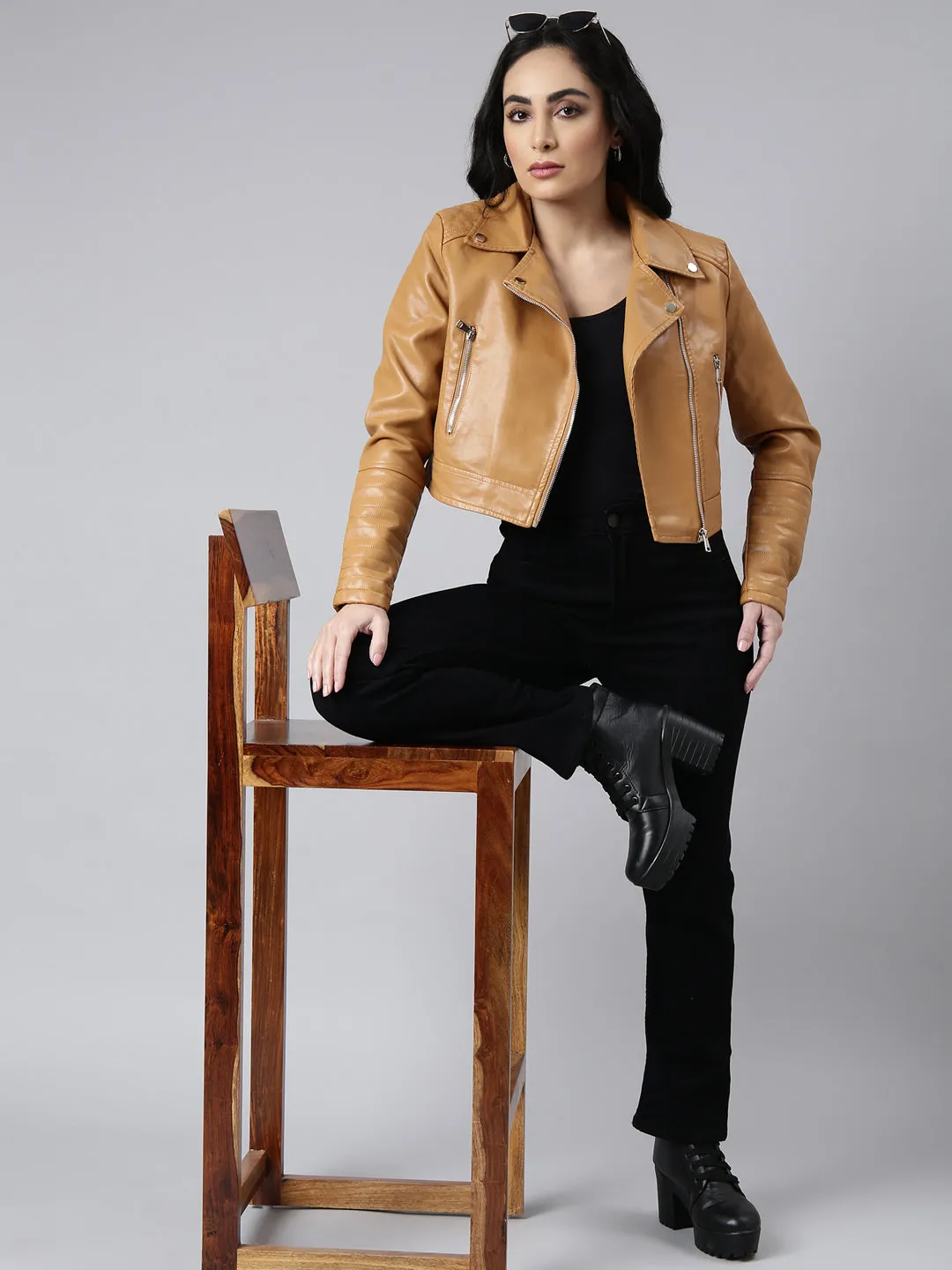 Women Solid Crop Mustard Biker Jacket