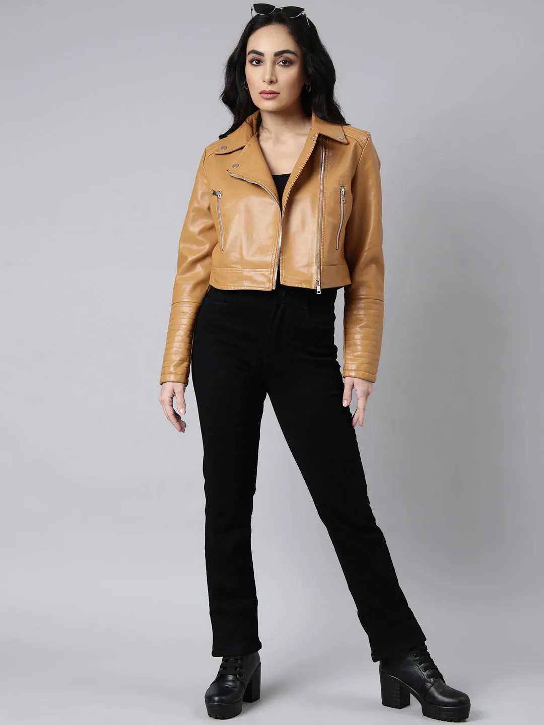 Women Solid Crop Mustard Biker Jacket