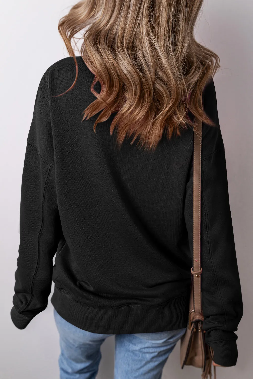 Womens Black Drop Shoulder Crisscross Stitching Pocketed Loose Sweatshirt