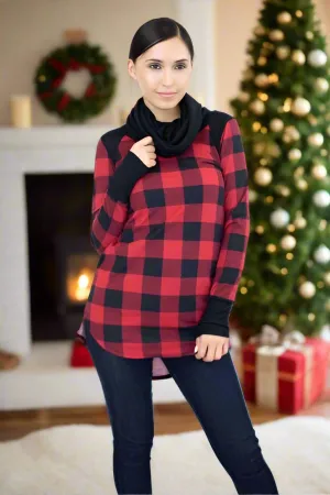 Womens Christmas Plaid Top, Long Sleeve Cowl Neck Shirt, Sizes S/M, Red/Black