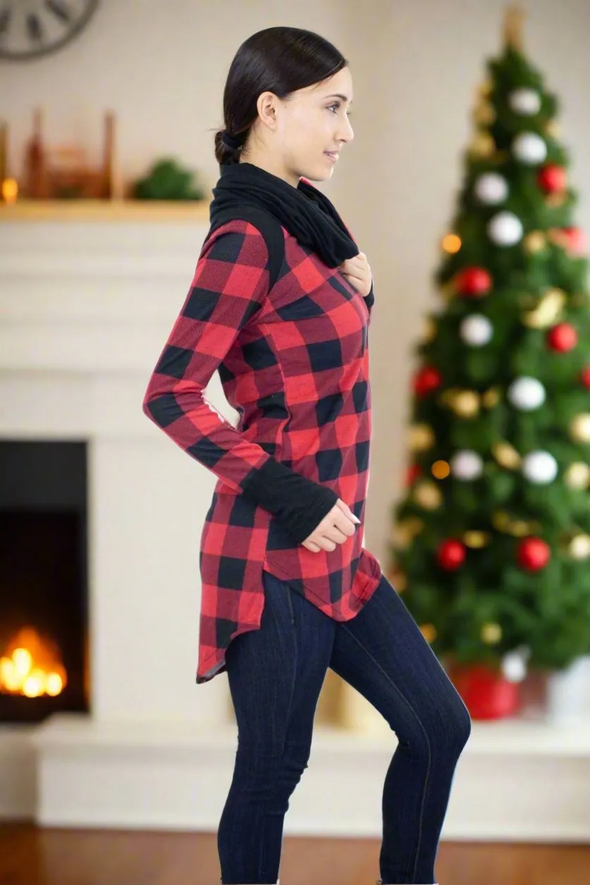 Womens Christmas Plaid Top, Long Sleeve Cowl Neck Shirt, Sizes S/M, Red/Black