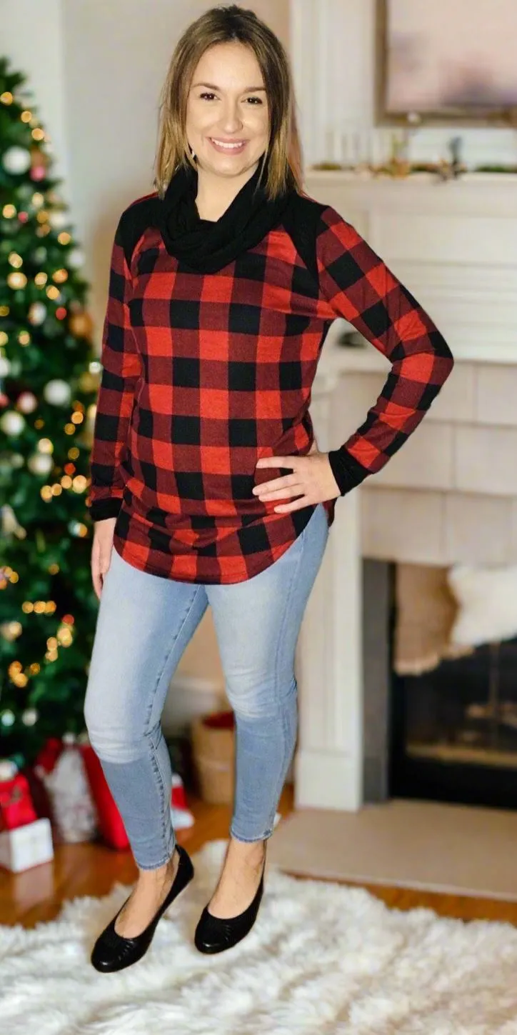 Womens Christmas Plaid Top, Long Sleeve Cowl Neck Shirt, Sizes S/M, Red/Black