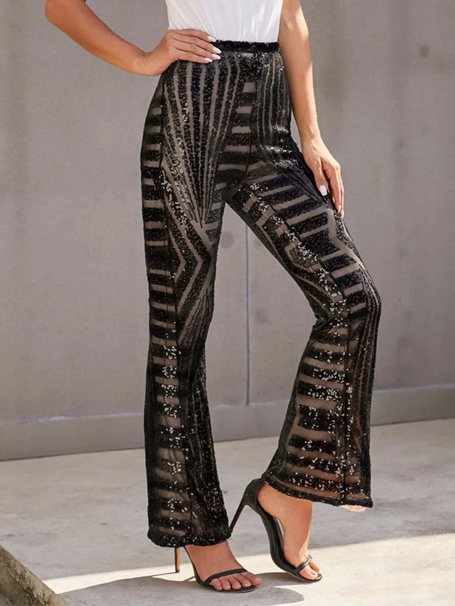 Women's High Waist Loose Straight Wide Leg Sequined Pants