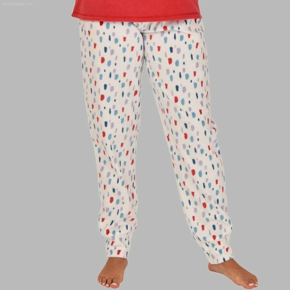 Women's Soft Thermal Fleece Pyjama Set, Long Sleeve Nightwear Spice red and Pale Turq