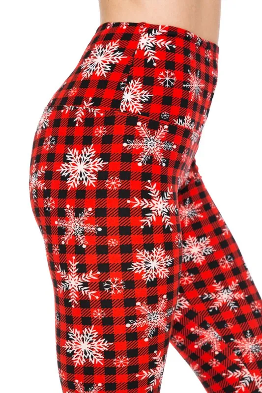 Yoga Waist 5" Red/White Snowflake Print Leggings